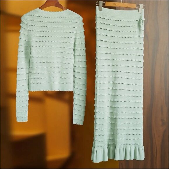 Women Ribbed Knit Two-Piece Set Round Neck Cardigan-Midi Skirt Mint Green Size M - Picture 6 of 17